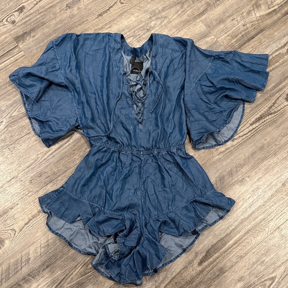 PINKO Daria Denim Ruffled Hem Romper Size 8 - Picture 5 of 9